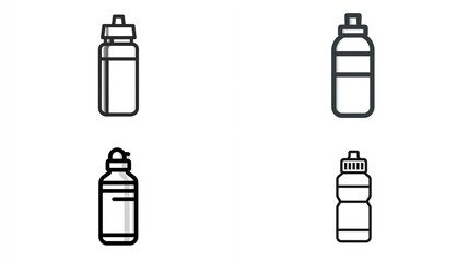 Obraz premium Four line-art illustrations of different water bottles; varying in shape, size, and lid design. They are simple, clean, and monochromatic