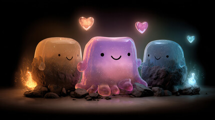Cute glowing jelly guardians with smiling faces, surrounded by magical hearts, fantasy atmosphere, vibrant colors, joyful mood