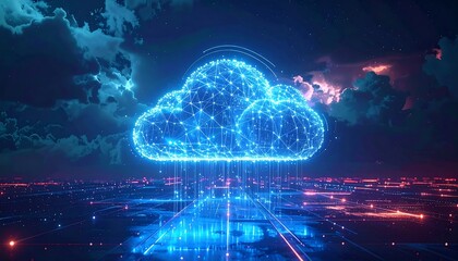 Glowing blue cloud formed from connected dots above a futuristic cityscape with digital data streams