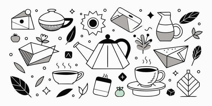 Charming hand-drawn coffee and tea time elements perfect for cozy ambiance
