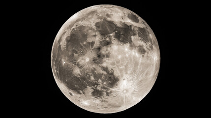 Naklejka premium Detailed Full Moon Close-Up with Crater Texture, Dark Space Background, High Contrast Lighting, f/8.0, Astronomical Imaging Aesthetic