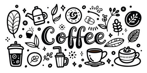 Fototapeta premium Artistic coffee and tea time elements hand drawn doodle style for beverages and cafes