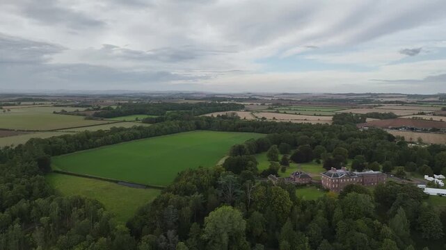 Paxton House over River Tweed from a drone, Paxton, Berwick-upon-Tweed, Berwickshire, Scotland, UK