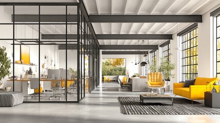 An inviting, modern office space features a blend of open collaboration areas and private workstations, bathed in natural light and accented with warm yellow tones, creating a productive atmosphere.
