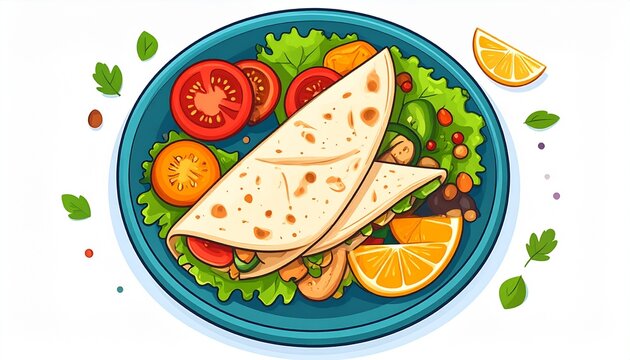 flat vector icon of Middle Eastern shawarma plate with pita and vegetables, cartoon style