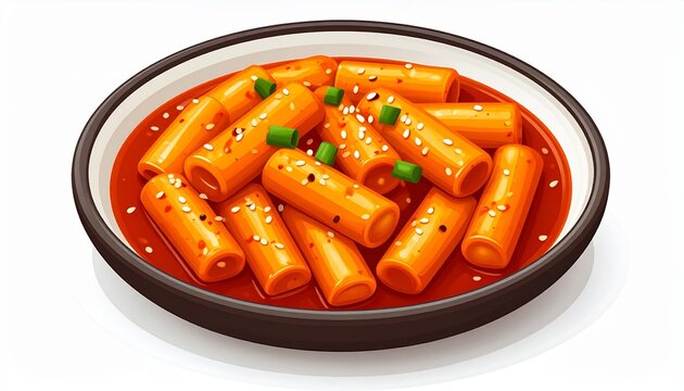 Flat vector icon of Korean tteokbokki rice cakes in spicy sauce, cartoon style