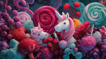 Unicorn lollipop candy berry fantasy colorful sweet whimsical magical playful unicorns surrounded by vibrant candy and berries