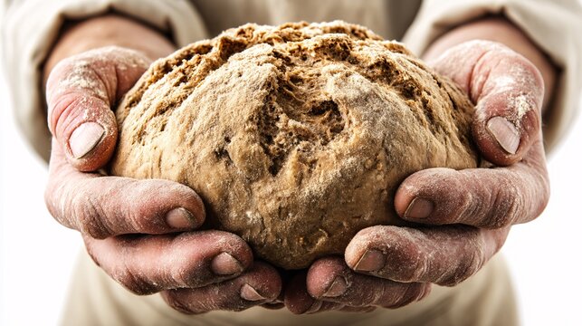 simple, clean illustration of a baker's hands with a dust of flour on them. They are holding a piece of sourdough dough. The scene is minimal and focused on the hands-on aspect and the tactile 