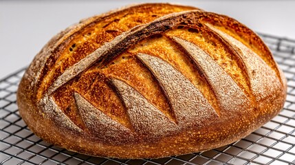 baked sourdough loaf cooling on a wire rack, steam rising, golden crust and artisanal scoring visible, illustrated on white background sourdough, loaf, cooling, wire rack, baking, bread, crust, 