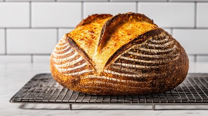 baked sourdough loaf cooling on a wire rack, steam rising, golden crust and artisanal scoring visible, illustrated on white background sourdough, loaf, cooling, wire rack, baking, bread, crust, 