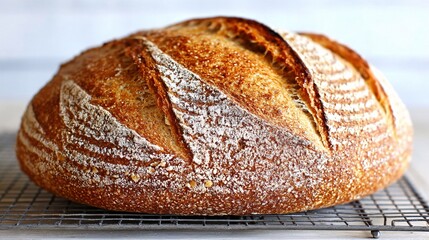 baked sourdough loaf cooling on a wire rack, steam rising, golden crust and artisanal scoring visible, illustrated on white background sourdough, loaf, cooling, wire rack, baking, bread, crust, 
