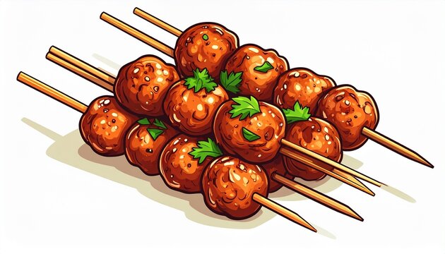 grilled meatball skewer flat vector icon, cartoon style