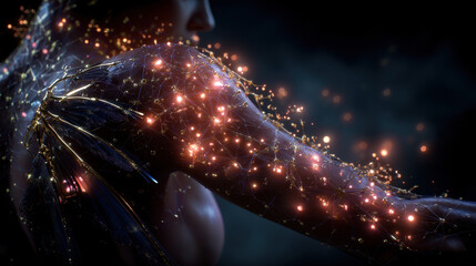 Glowing mesh overlays human skin surface, highlighting cellular network and futuristic technology, evoking wonder and innovation