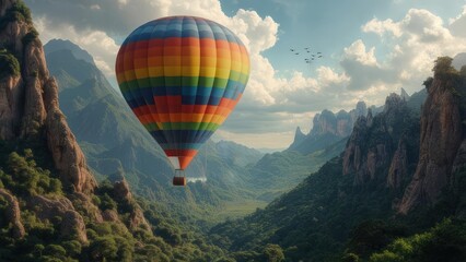 Obraz premium Hot air balloon over lush mountain valley