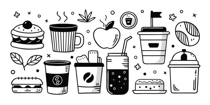 Whimsical sketch collection of coffee tea pastries and snacks for your break time