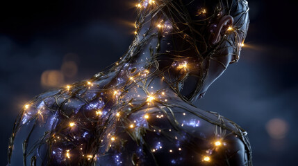Human body covered in biological grid with glowing lights, futuristic, mysterious, dark background, digital art style
