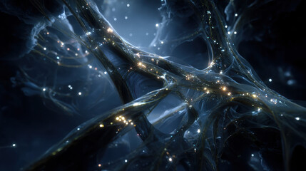 Glowing web structure with gentle intersections and pulsing light, evoking sense of mystery and protection in dark abstract space