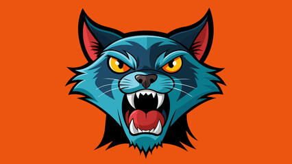 Cat head mascot with a powerful jaw, sharp teeth, and an intense stare, rendered in a cartoonish yet fierce style