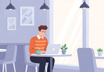 Fototapeta premium Man working on a laptop at a table in a bright cafe with a cup of coffee and plants