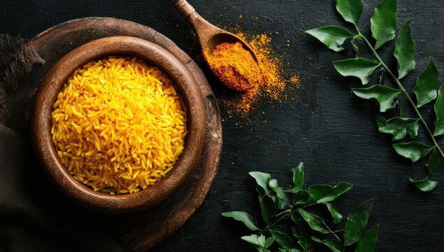 Yellow Rice Dish with Spices and Leaves. - Powered by Adobe