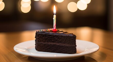 Celebratory chocolate cake slice illuminated by a single candle flame