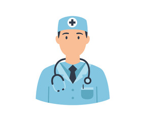 Fototapeta premium A flat vector icon of a male doctor wearing a lab coat, surgical cap, and a stethoscope on a white background.