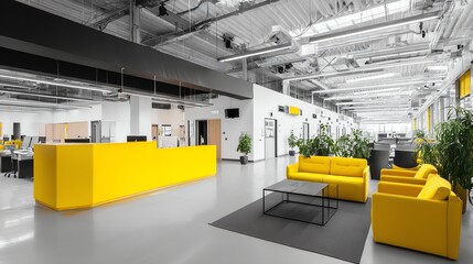 A modern, open-plan office space features a striking yellow reception desk and lounge area, creating a vibrant focal point within the minimalist, industrial-style interior design.