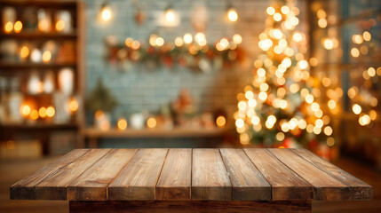 Wooden counter top in front of christmas tree in living room. Empty display for product montage. Classic style Xmas background