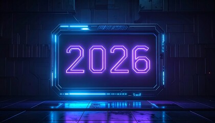 Futuristic digital display shows the year 2026 in neon purple within a glowing blue-edged panel against a textured dark metal background
