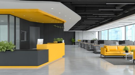 A modern office reception area features a striking yellow and gray color scheme, showcasing a clean, minimalist aesthetic designed to inspire productivity and welcome visitors with a sense of calm.