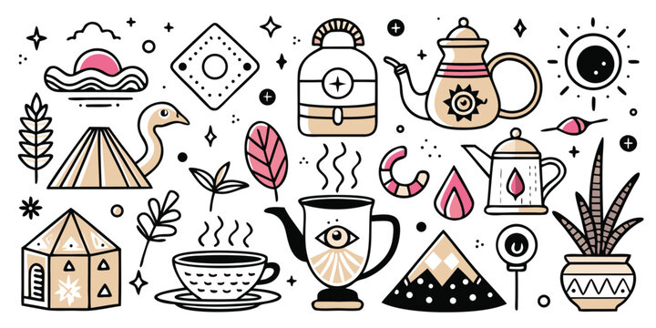 Whimsical boho collection featuring teapots cups tent mountains and mystical elements