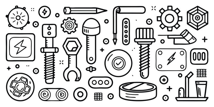 Collection of hand-drawn construction and mechanical tools with electrical symbols