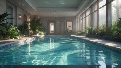 Fototapeta premium Indoor swimming pool with large windows and plants