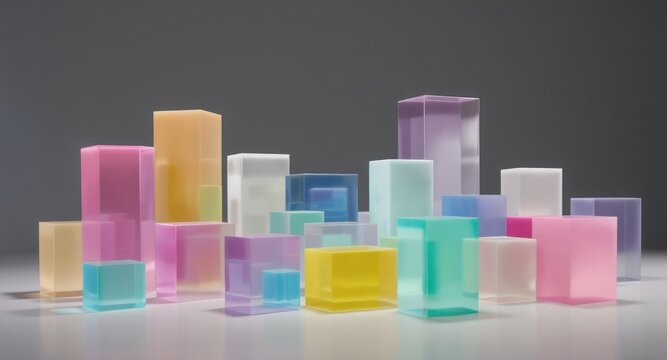 Colorful translucent cubes arranged in a cityscape composition
