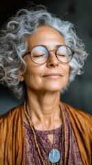Elderly woman with curly gray hair and glasses practices mindfulness, eyes closed, peaceful expression, wearing bohemian clothing and necklace