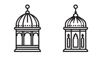 Two outlined decorative lanterns, identical in style but differing slightly in proportions, stand on a white background.  Each has a domed top, arched windows, and intricate detailing