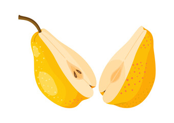 Yellow pear cut in half. two halves of pear. Fresh fruit. Modern flat style isolated. For healthy eating, blogs, fruit packaging, labels, eco friendly, social media, stickers, menu, poster. Vector