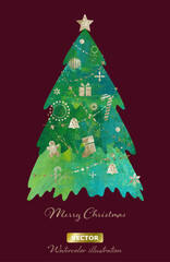 ゴールドのデコレーションを施したクリスマスツリー。ペイントテクスチャのイラスト。 （ベクター。オーナメントのレイアウト変更可能）