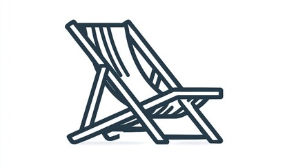 Fototapeta premium Line art illustration of a classic, folded, wooden deck chair with a striped fabric seat and back, rendered in dark blue against a white background