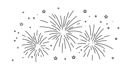 Simple black line drawing of three fireworks bursts against a white background, accented with small stars