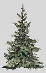 Illustration of a green Christmas tree on a light background, detailed and realistic depiction of needles and branches, perfect for winter decor, greeting cards, and festive design.