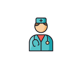 Fototapeta premium A colorful cartoon icon of a doctor or surgeon wearing a medical cap and a stethoscope on a white background.