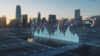 A futuristic data visualization of a city's energy consumption, with glowing charts and graphs over a blurred cityscape