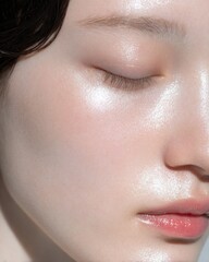 Fototapeta premium Luminous clear skin glows with delicate highlight and soft focus, capturing pure beauty and radiance.