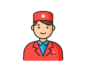 Cartoon illustration of a smiling doctor wearing a red uniform and cap with a white cross symbol.