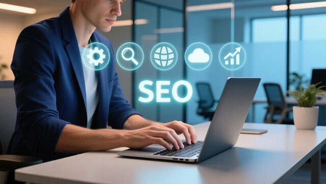Man typing on laptop with glowing seo text and icons showing growth for ranking report and traffic growth