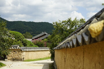 경상북도 안동 하회마을은 전통적인 한국 건물이 있는 아름다운 역사 마을입니다.