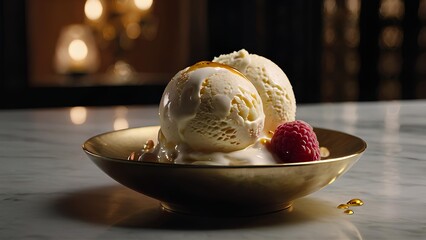  a bowl of ice cream served in a luxurious restaurant, highlighting its creamy texture, rich flavors, artistic presentation, and how it feels to taste the first spoonful.”