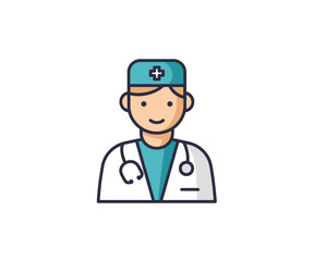 A flat vector icon of a male doctor wearing a lab coat, surgical cap, and a stethoscope on a white background.