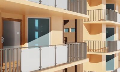 Front view balcony apartment building scene 3d rendering residential wallpaper background